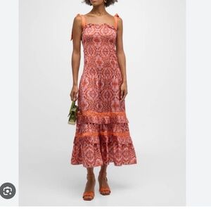 Ramy Brook Sia Smocked Ruffle Tiered Midi Dress Womens Medium